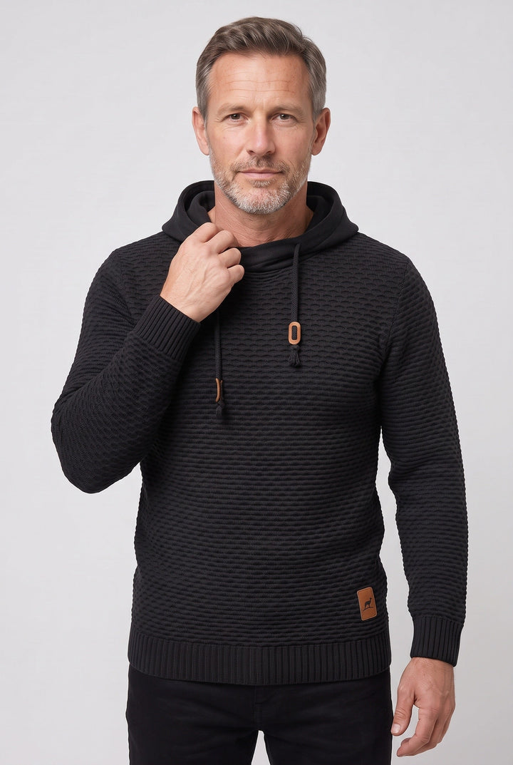Pull à capuche homme en maille nid d'abeille à cordon de serrage – Achille – Noir