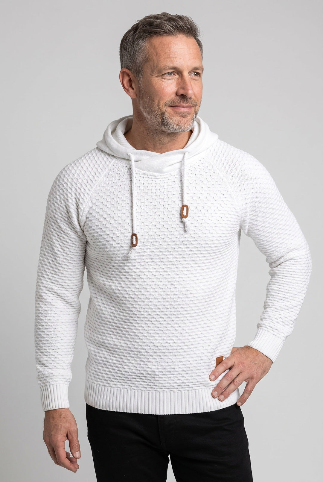 Pull à capuche homme en maille nid d'abeille à cordon de serrage – Achille – Blanc