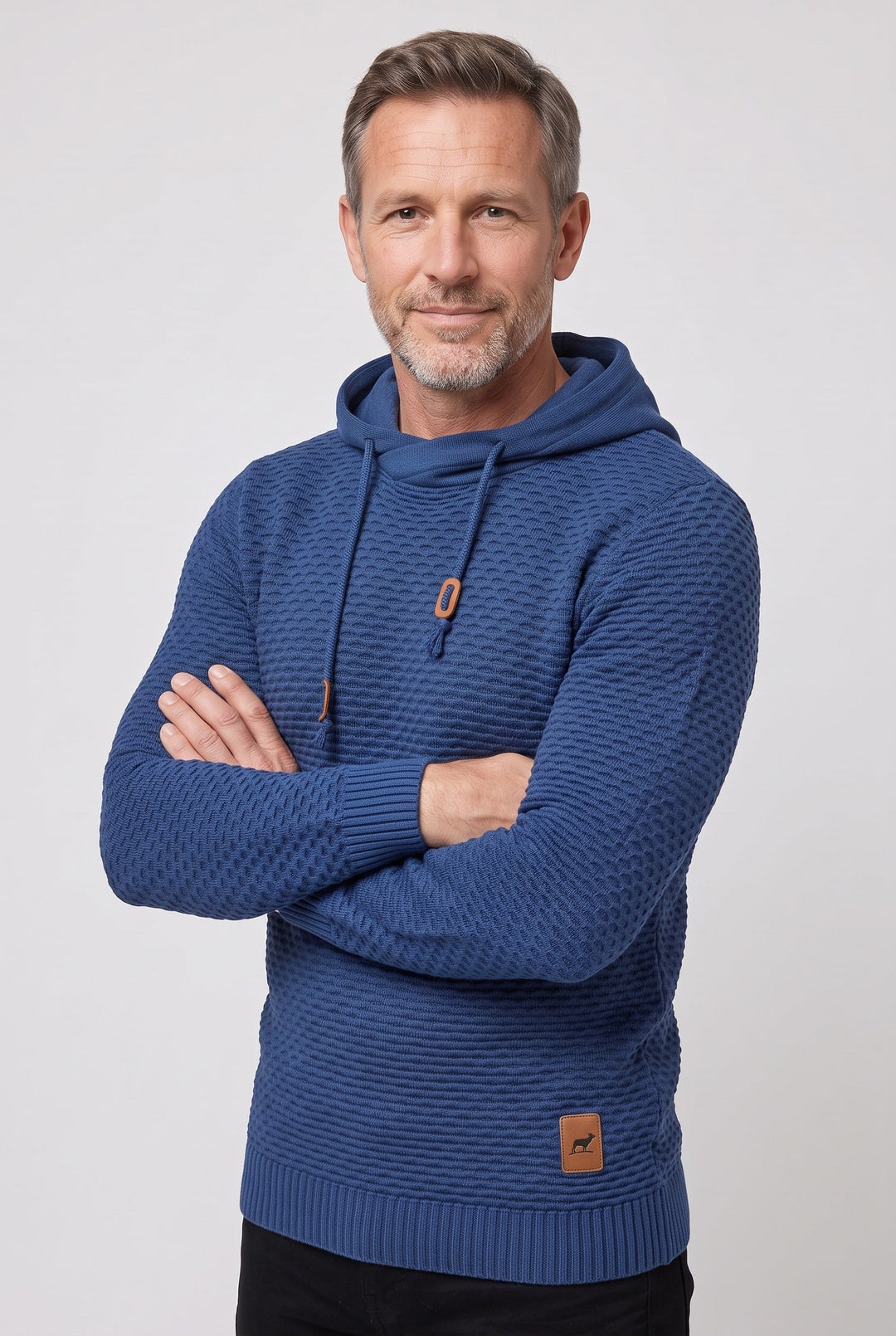 Pull à capuche homme en maille nid d'abeille à cordon de serrage – Achille – Bleu