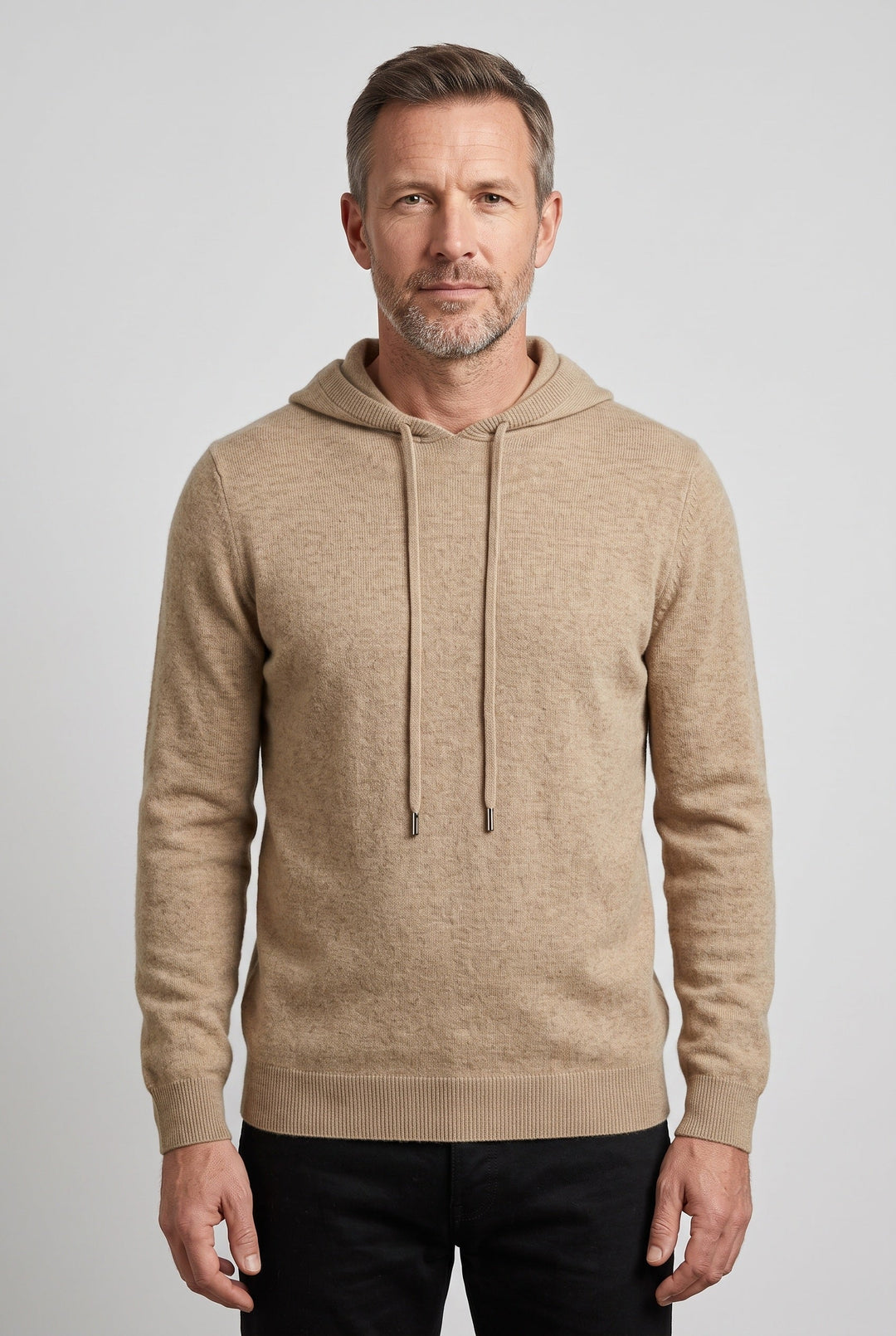 Pull à capuche homme en maille tricotée à cordon et bords côtelés – Côme – Camel