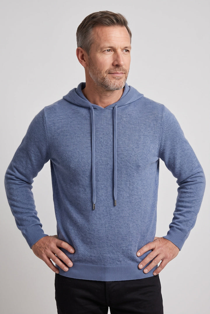 Pull à capuche homme en maille tricotée à cordon et bords côtelés – Côme – Bleu