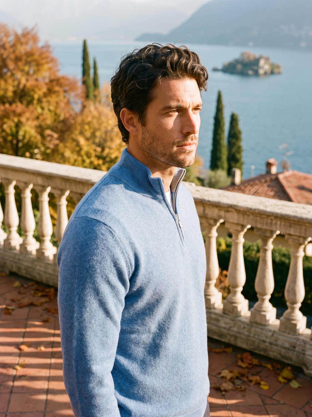 Pull camionneur homme zippé en coton et laine coupe ajustée – Lancelot – Bleu clair