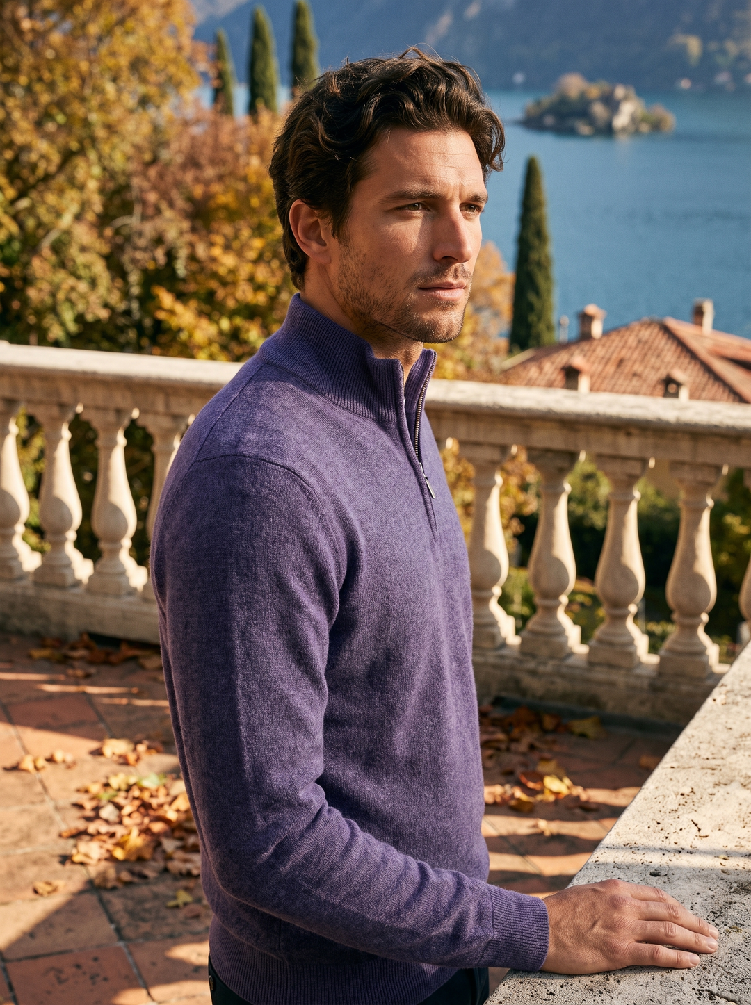 Pull camionneur homme zippé en coton et laine coupe ajustée – Lancelot – Violet