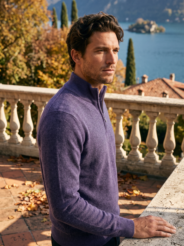 Pull camionneur homme zippé en coton et laine coupe ajustée – Lancelot – Violet