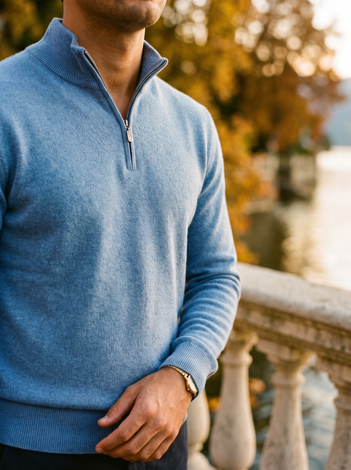 Pull camionneur homme zippé en coton et laine coupe ajustée – Lancelot – vue 2