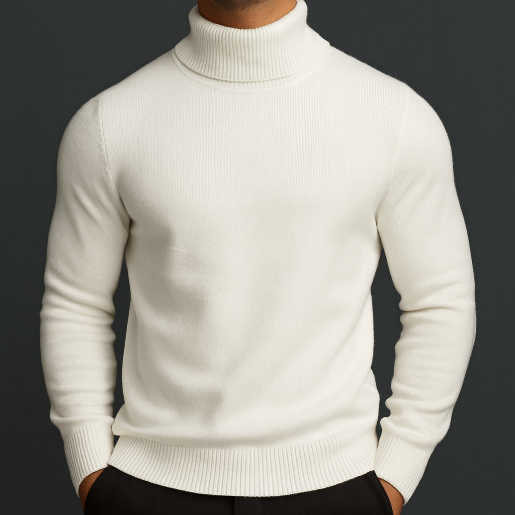 Pull col roulé homme à encolure côtelée structurée coupe ajustée – Adrien – Blanc