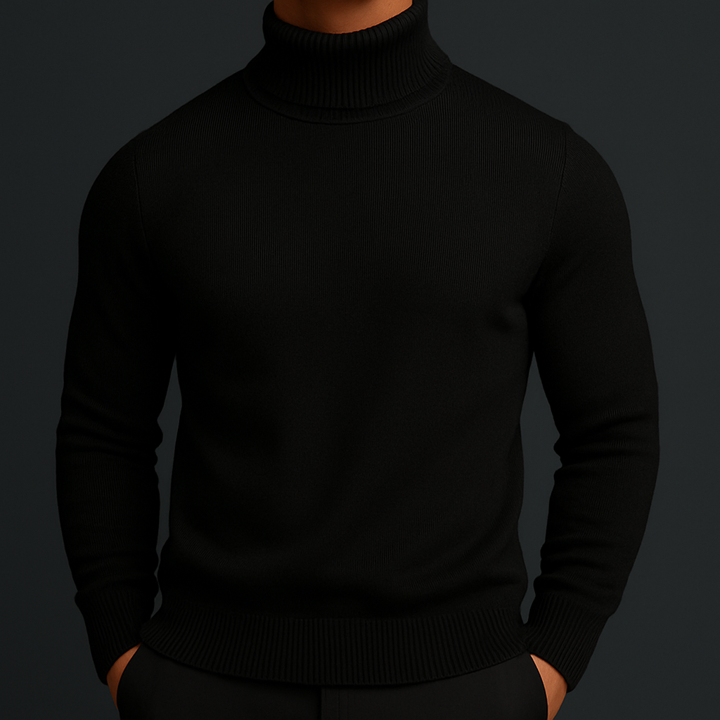 Pull col roulé homme à encolure côtelée structurée coupe ajustée – Adrien – Noir