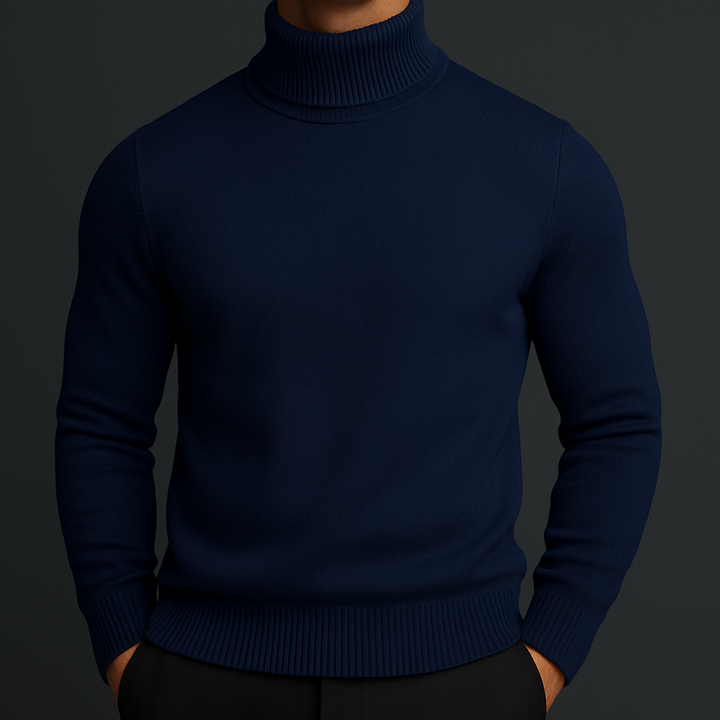 Pull col roulé homme à encolure côtelée structurée coupe ajustée – Adrien – Bleu