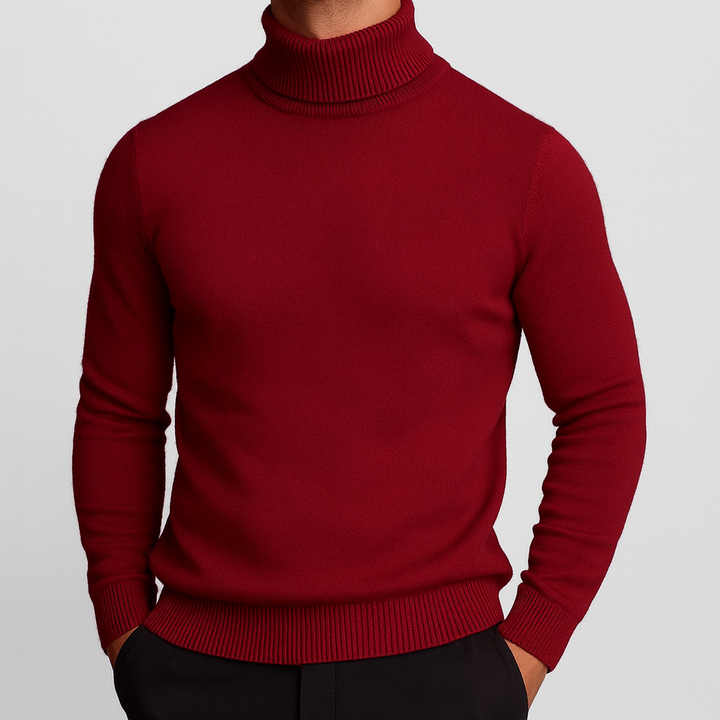 Pull col roulé homme à encolure côtelée structurée coupe ajustée – Adrien – Rouge