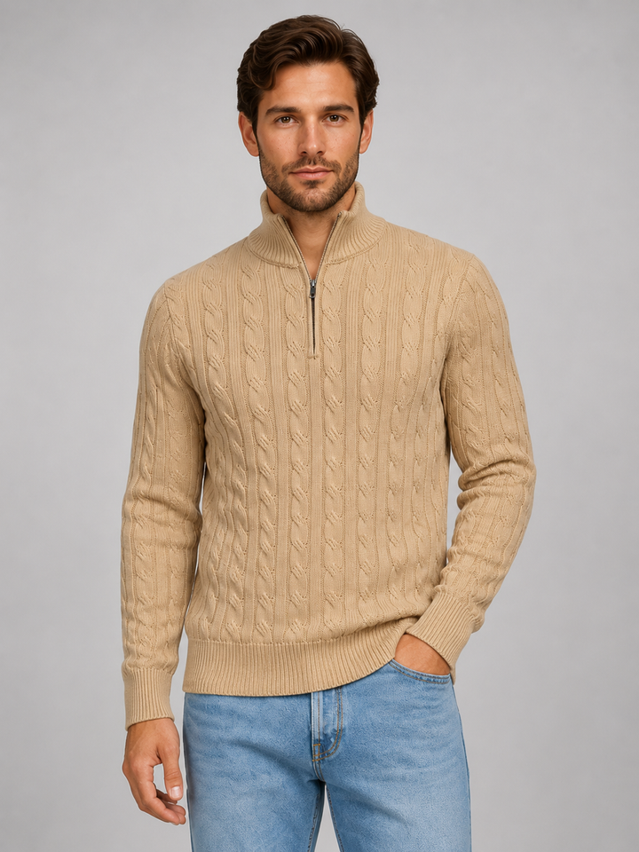 Pull demi-zip homme en maille torsadée à col montant – Raphaël – Beige