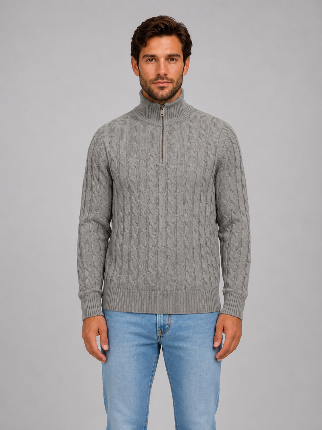 Pull demi-zip homme en maille torsadée à col montant – Raphaël – Gris