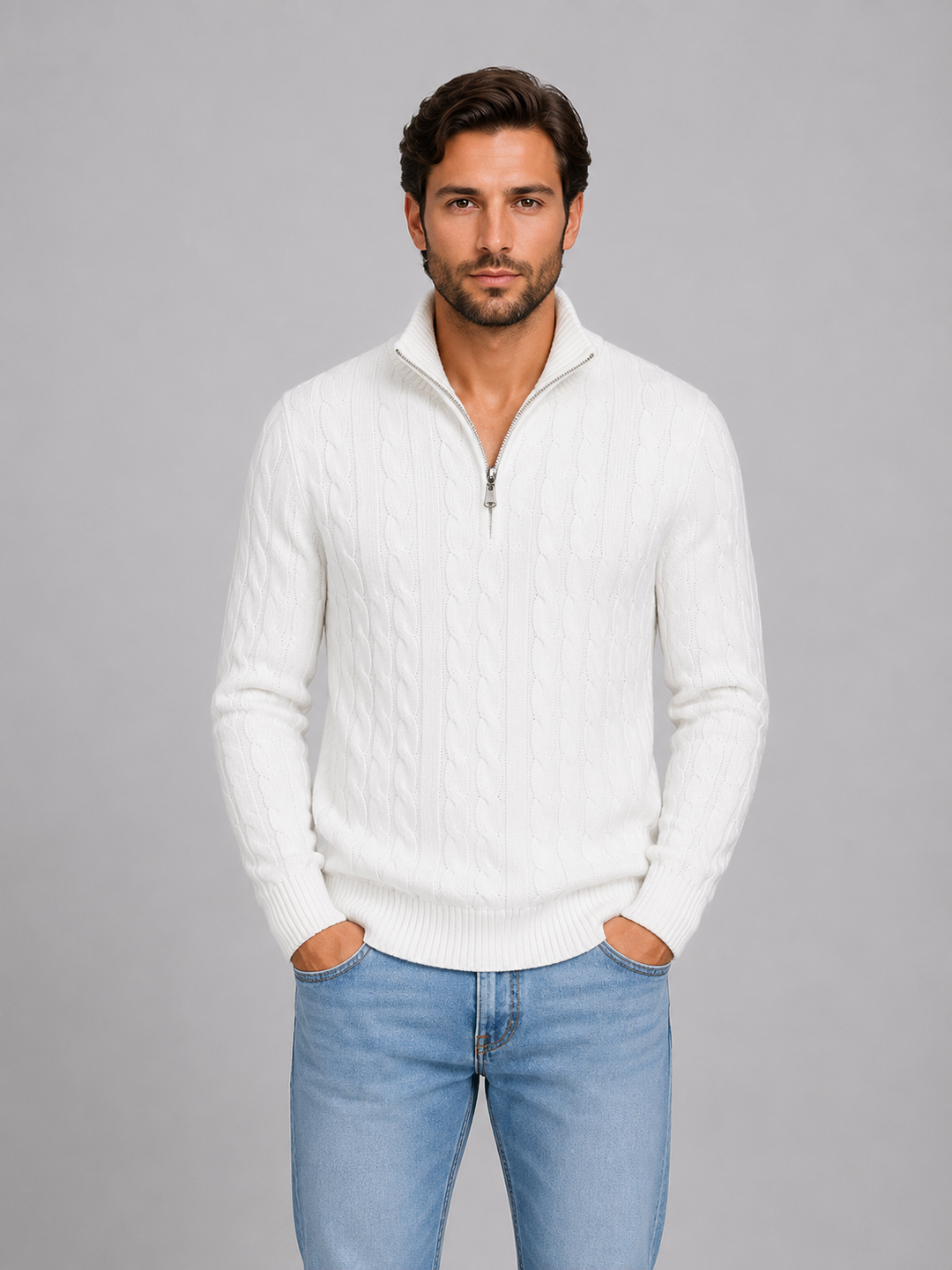 Pull demi-zip homme en maille torsadée à col montant – Raphaël – Blanc