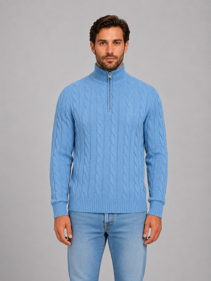 Pull demi-zip homme en maille torsadée à col montant – Raphaël – Bleu clair