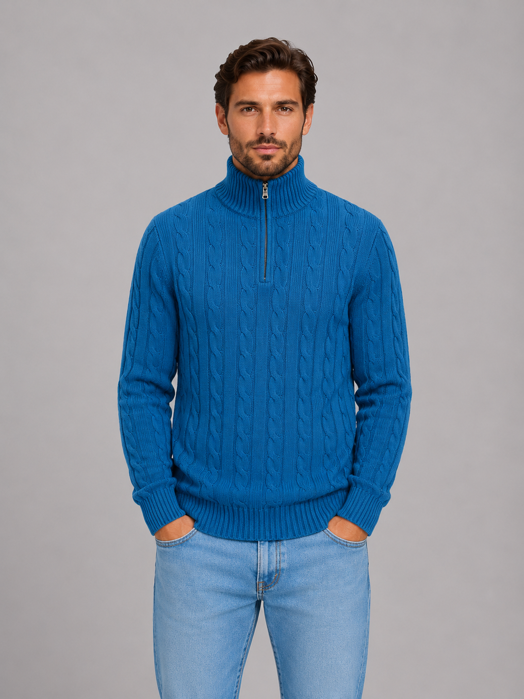 Pull demi-zip homme en maille torsadée à col montant – Raphaël – Bleu foncé