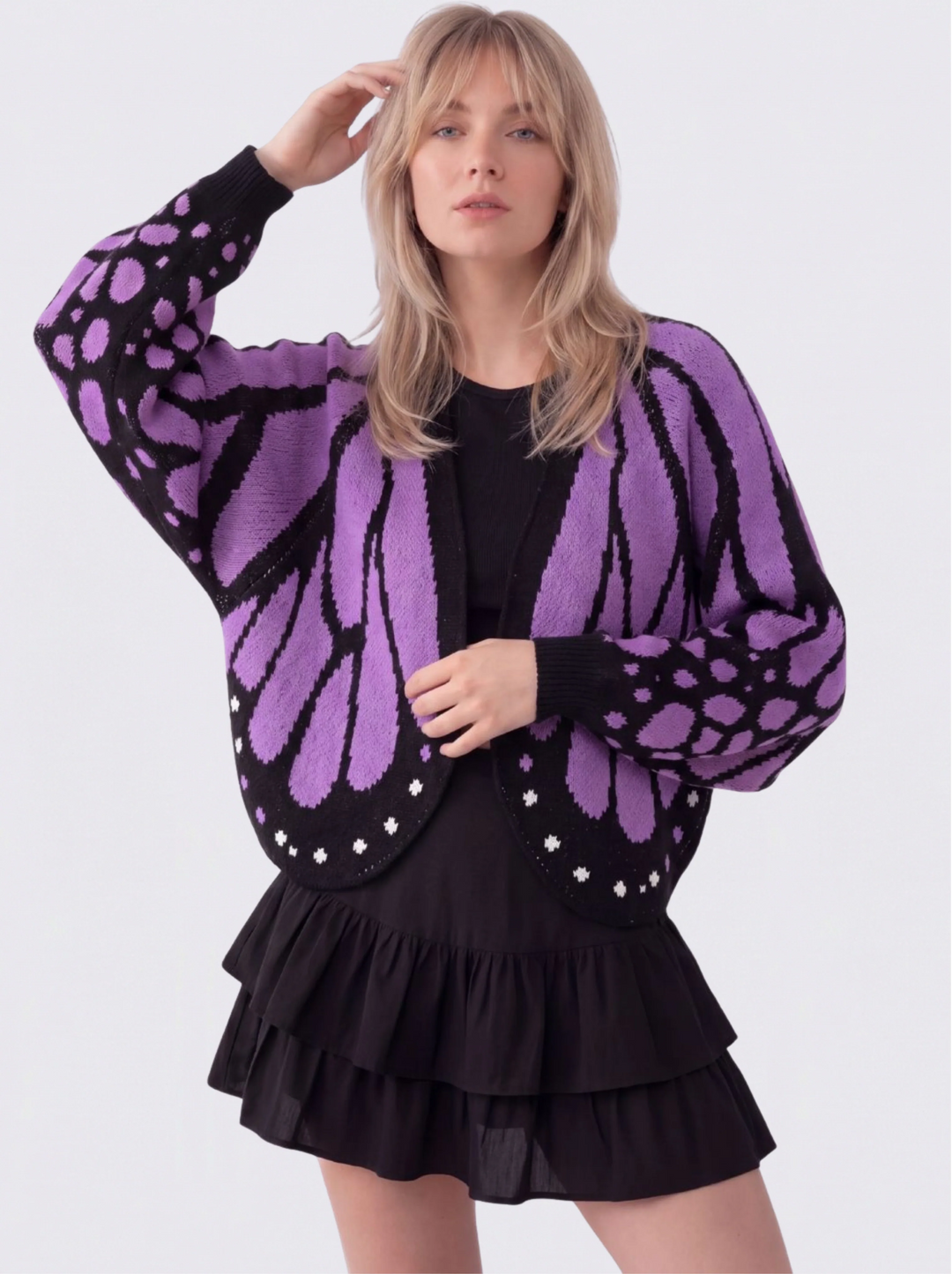 Cardigan femme en maille à motif ailes de papillon et col V – Louise - Violet