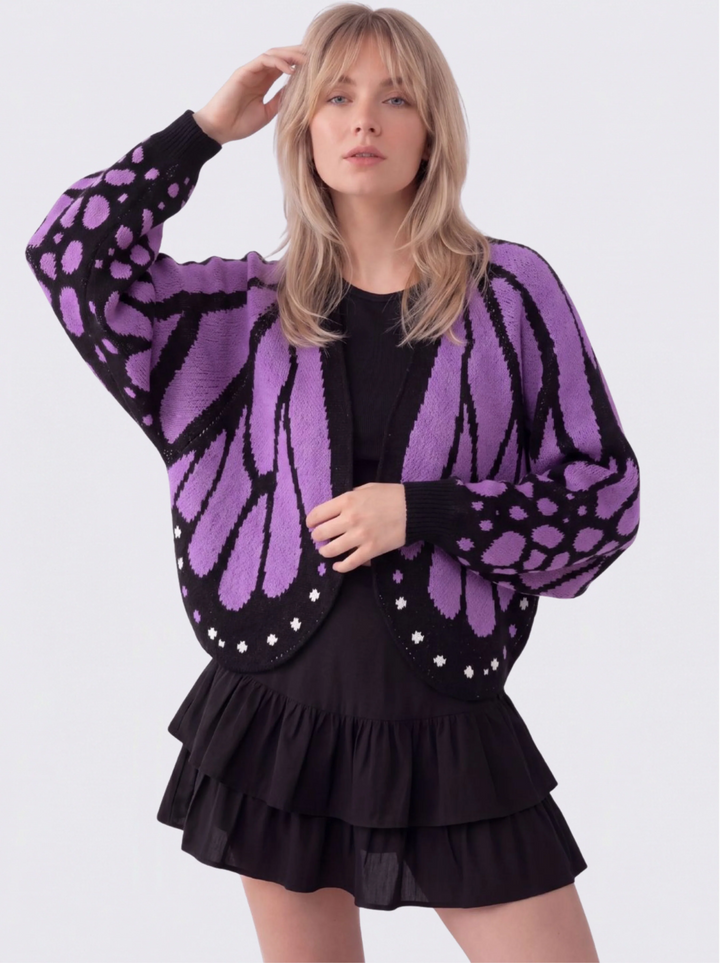 Cardigan femme en maille à motif ailes de papillon et col V – Louise - Violet
