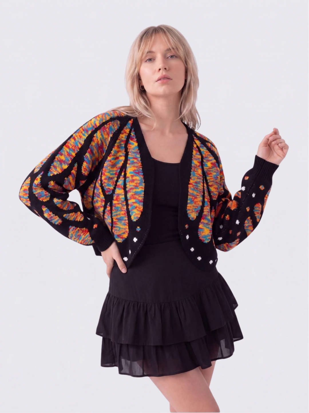 Cardigan femme en maille à motif ailes de papillon et col V – Louise - Multicolore