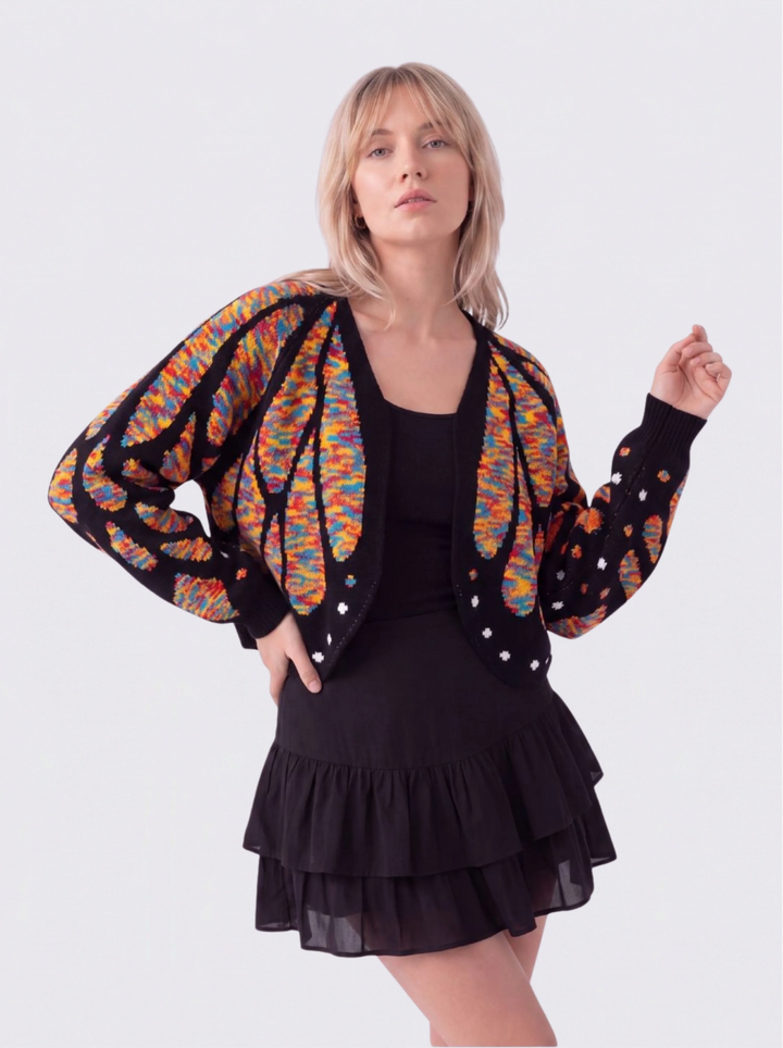 Cardigan femme en maille à motif ailes de papillon et col V – Louise - Multicolore