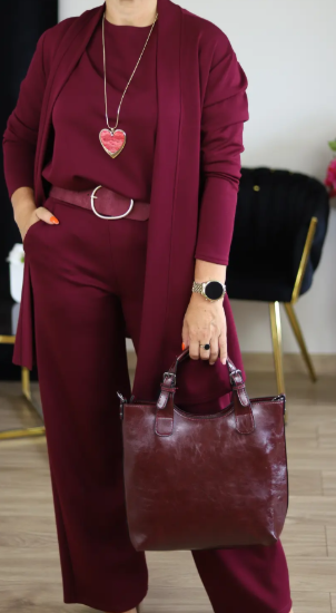 Ensemble 3 pièces femme long gilet, top et pantalon large en maille – Ophélie - Rouge