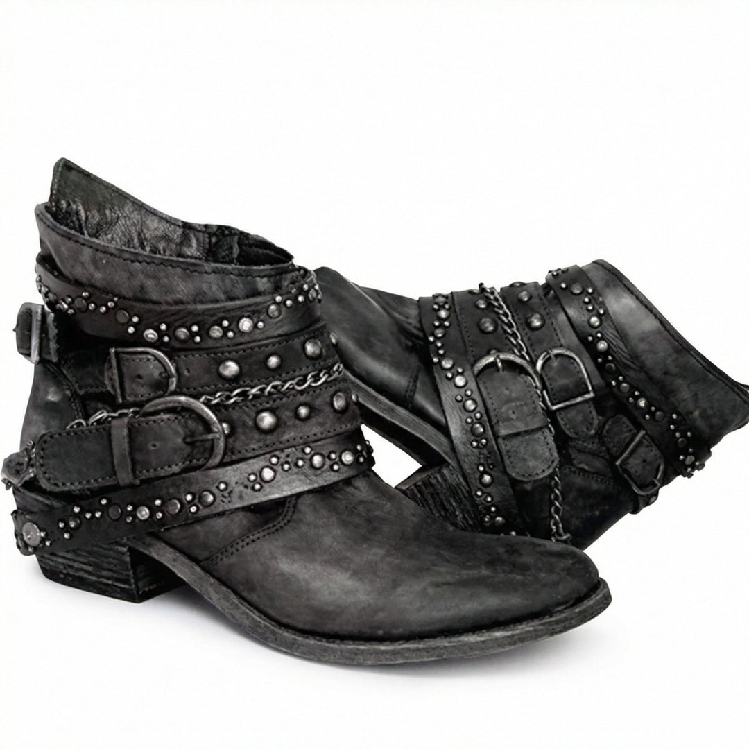 Bottines femme en cuir patiné à brides cloutées – Léonie – Noir