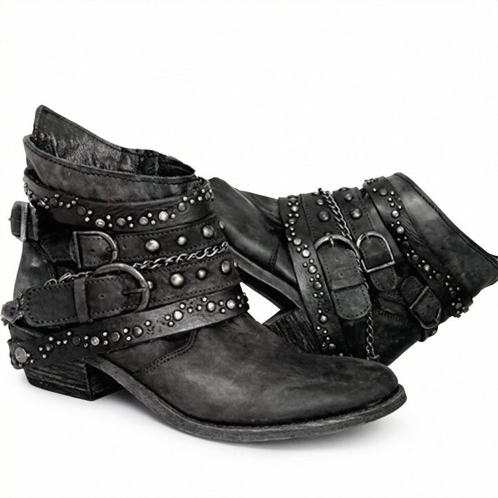 Bottines femme en cuir patiné à brides cloutées – Léonie – Noir