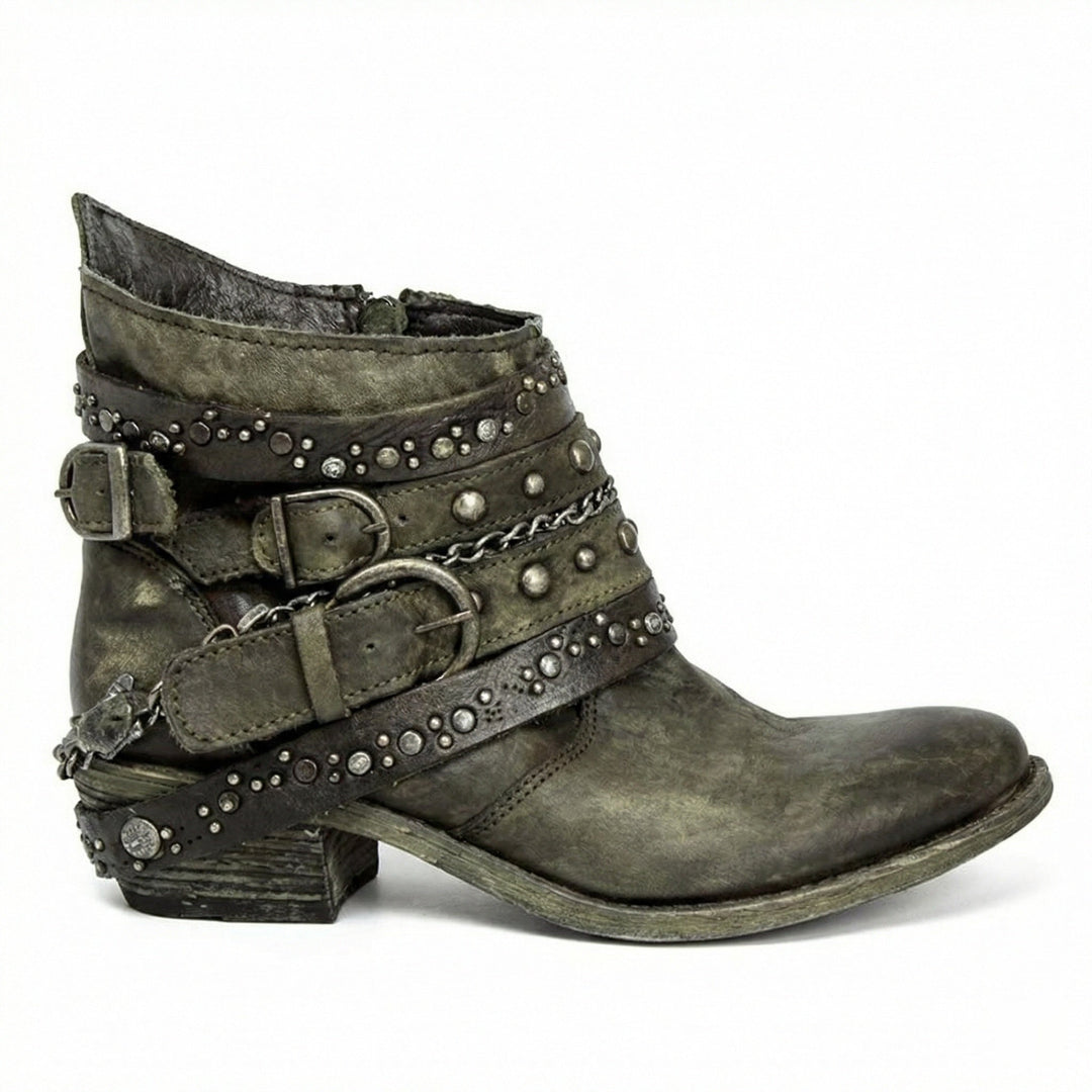 Bottines femme en cuir patiné à brides cloutées – Léonie – Vert