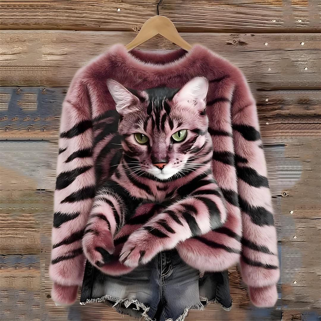 Pull femme en polaire douce à imprimé chat – Zoé - Rose