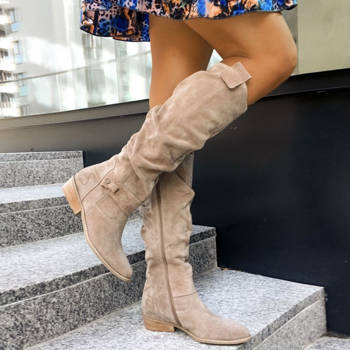 Bottes hautes plates femme souples à zip latéral – Lara – Beige