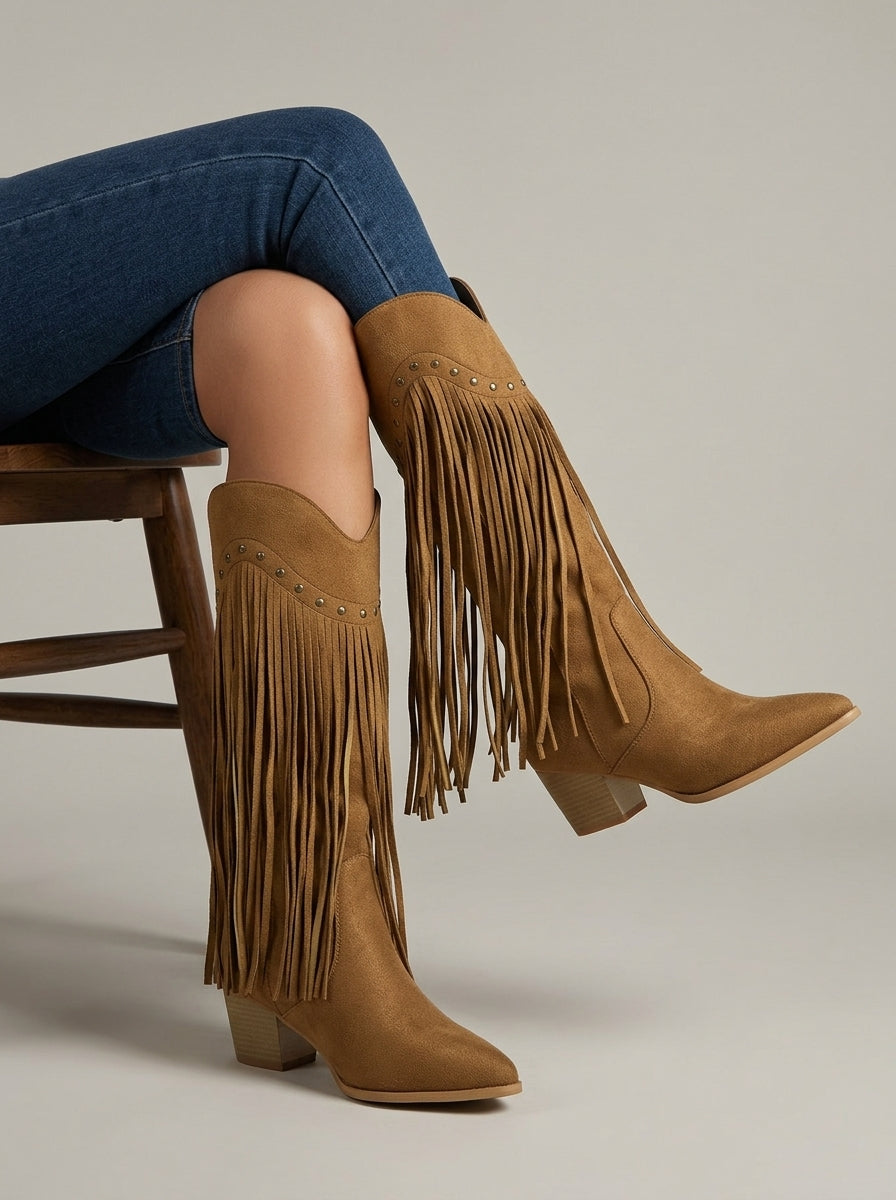 Bottes hautes femme en daim à franges et clous – Sasha – vue 3