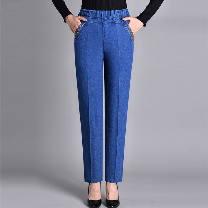 Jean droit femme taille élastique avec poches brodées – Léa - Bleu clair