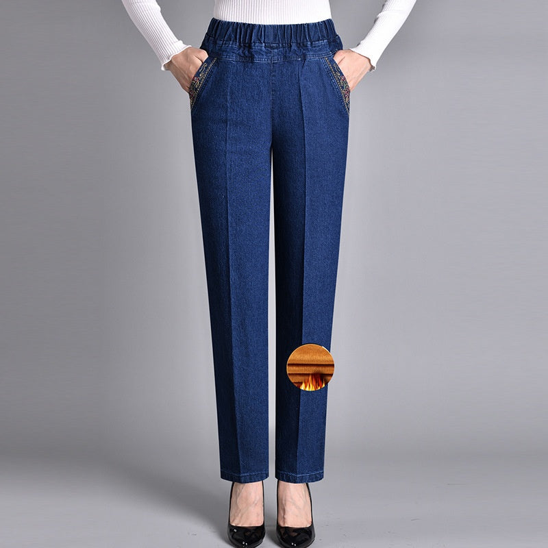 Jean droit femme taille élastique avec poches brodées – Léa - Bleu foncé
