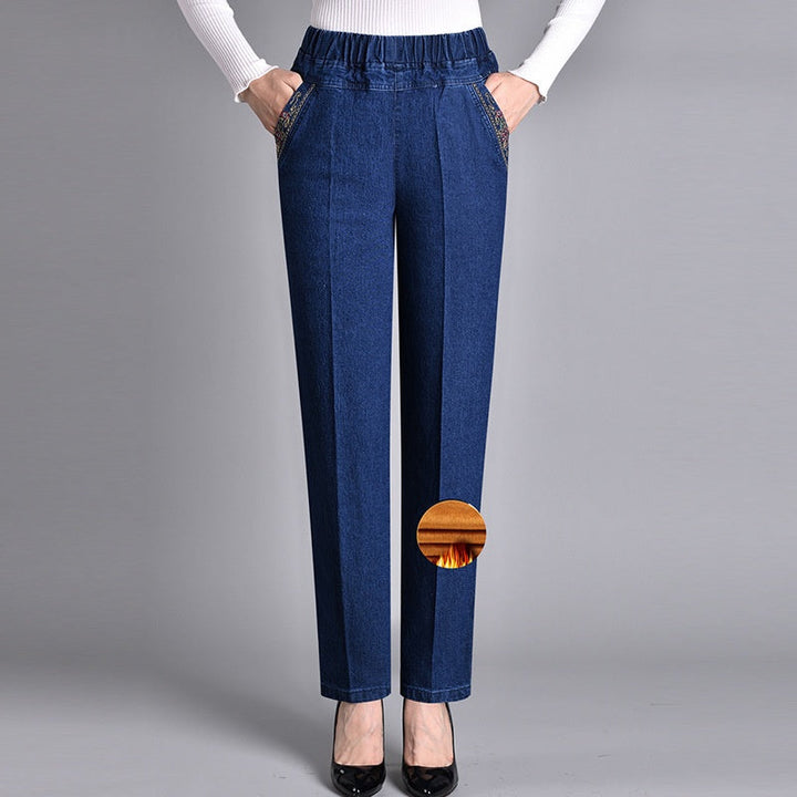 Jean droit femme taille élastique avec poches brodées – Léa - Bleu foncé