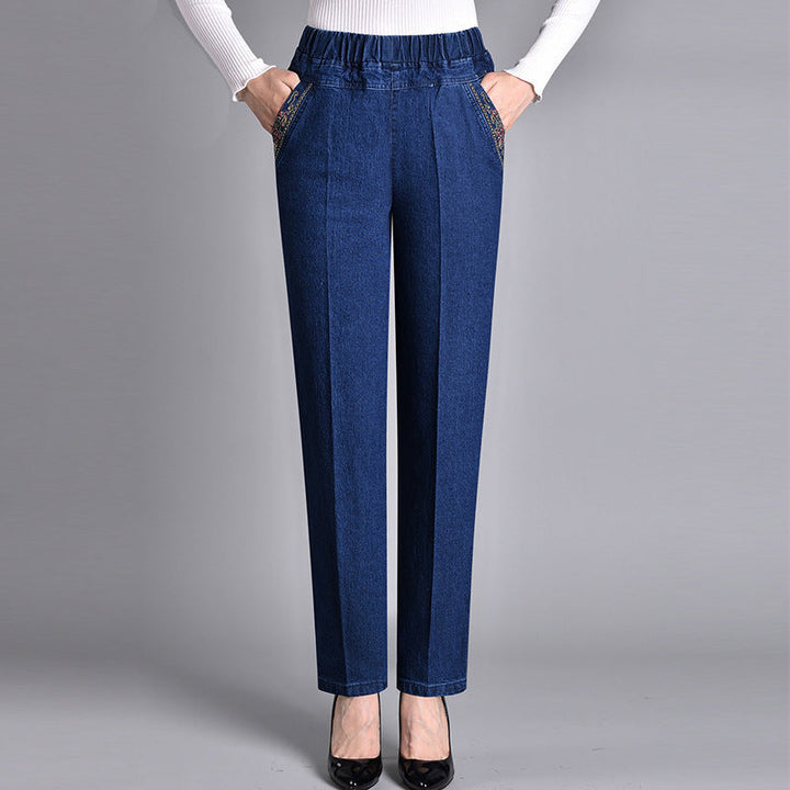 Jean droit femme taille élastique avec poches brodées – Léa - Bleu foncé