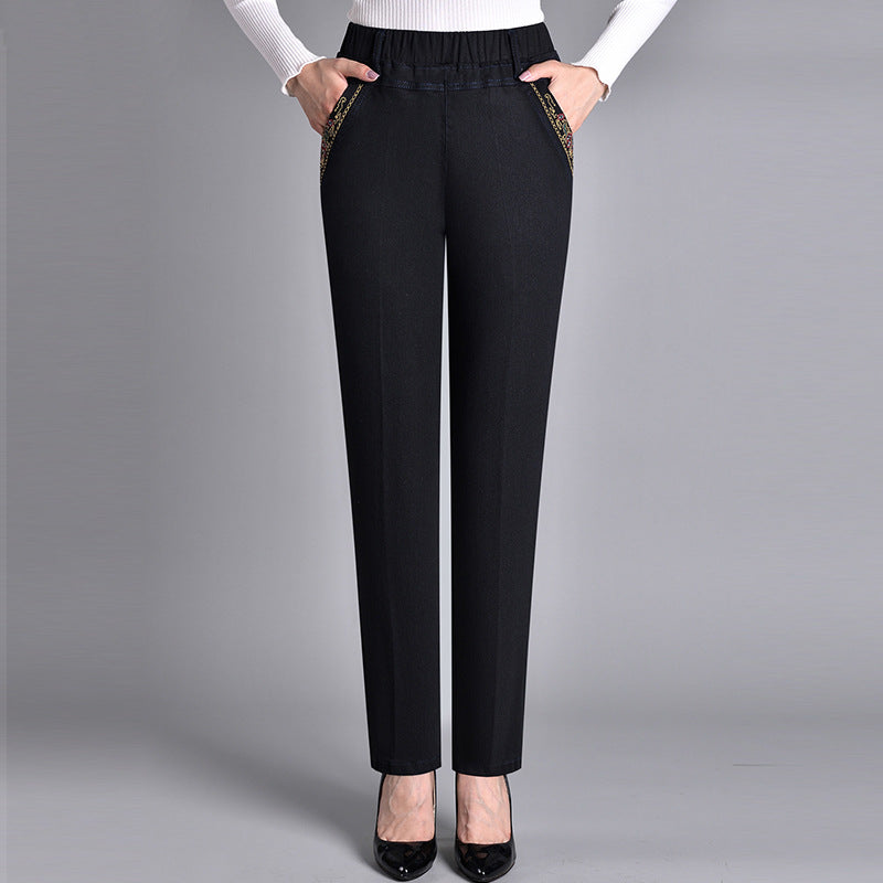 Jean droit femme taille élastique avec poches brodées – Léa - Noir