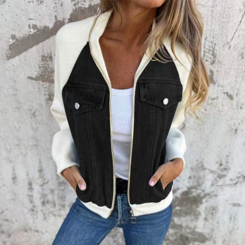 Veste femme zippée en denim à manches raglan en maille – Inès - vue 2