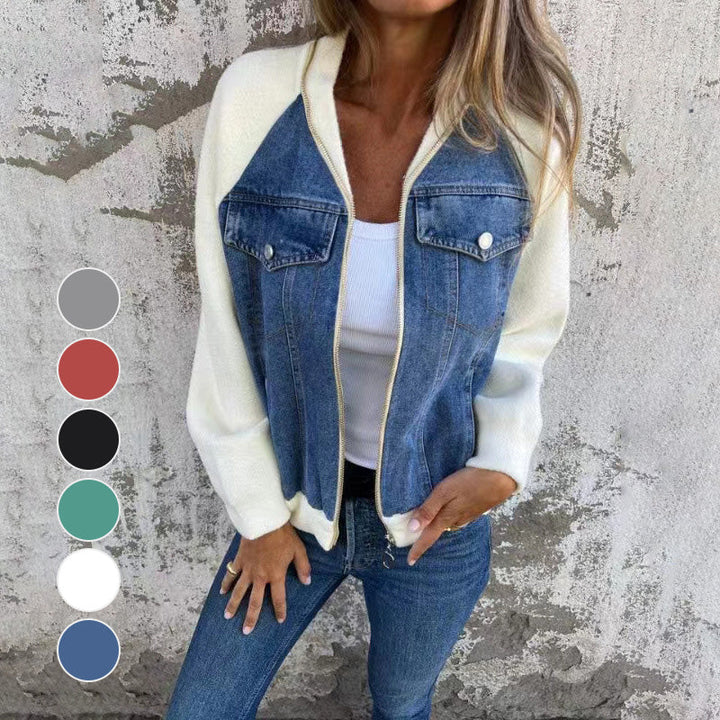 Veste femme zippée en denim à manches raglan en maille – Inès - vue 1