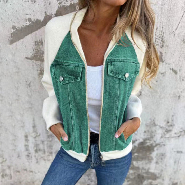 Veste femme zippée en denim à manches raglan en maille – Inès - vue 3