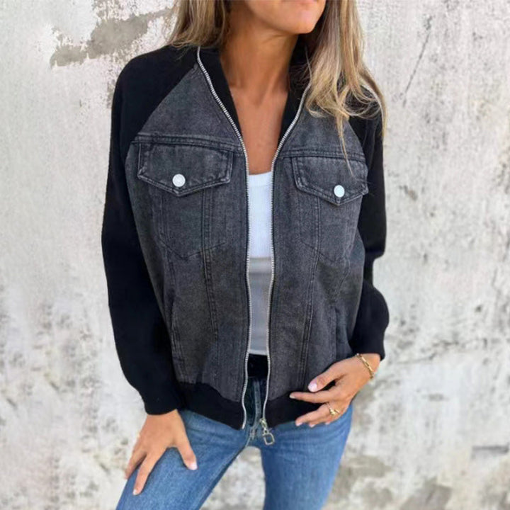 Veste femme zippée en denim à manches raglan en maille – Inès - vue 4