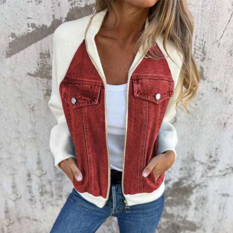 Veste femme zippée en denim à manches raglan en maille – Inès - vue 5