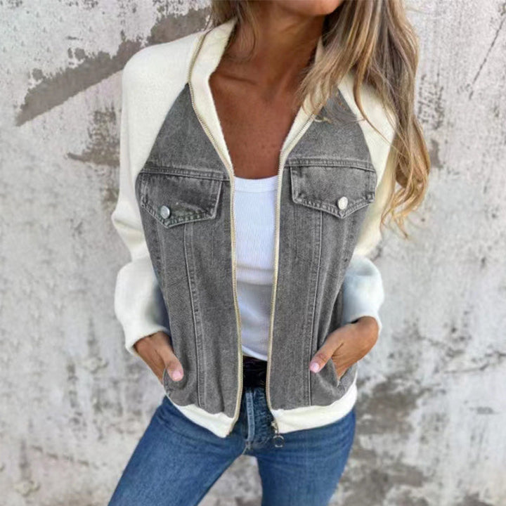 Veste femme zippée en denim à manches raglan en maille – Inès - vue 6