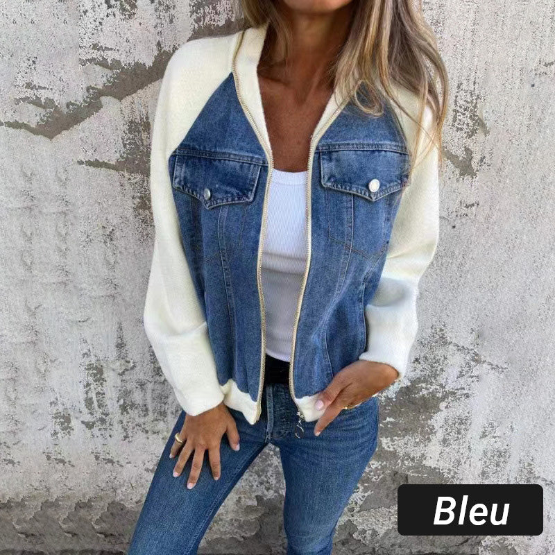 Veste femme zippée en denim à manches raglan en maille – Inès - Bleu