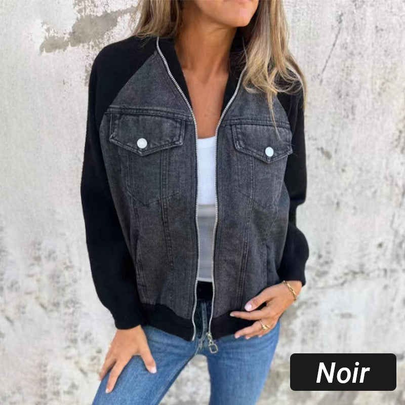 Veste femme zippée en denim à manches raglan en maille – Inès - Noir
