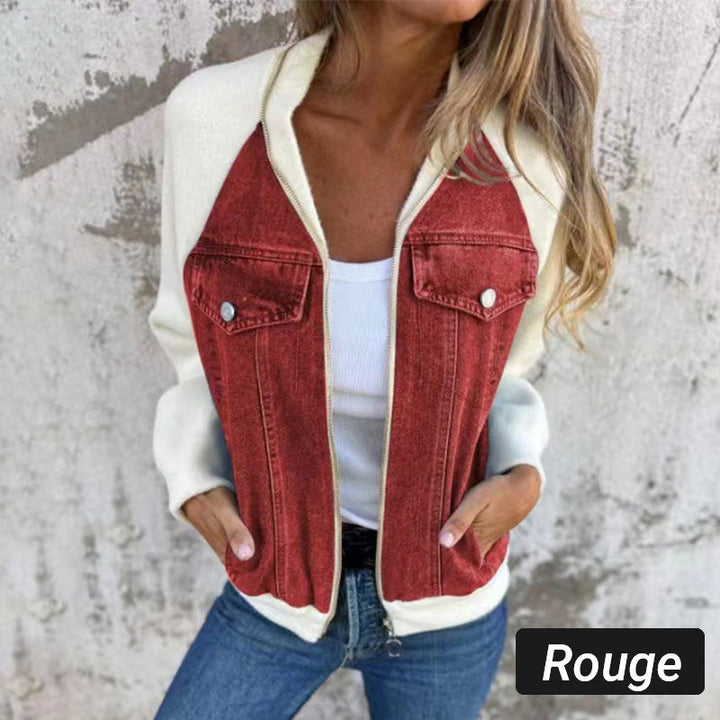 Veste femme zippée en denim à manches raglan en maille – Inès - Rouge