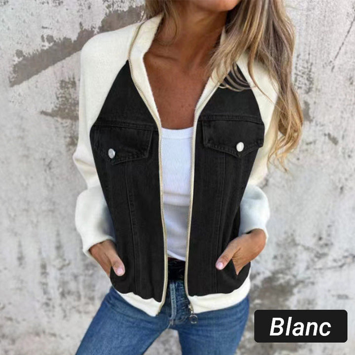 Veste femme zippée en denim à manches raglan en maille – Inès - Blanc