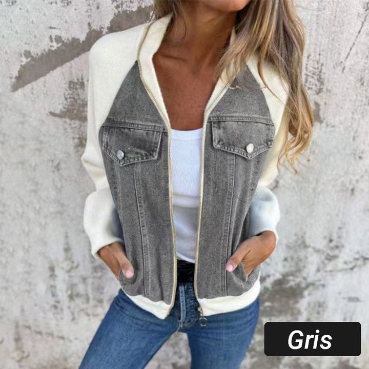 Veste femme zippée en denim à manches raglan en maille – Inès - Gris