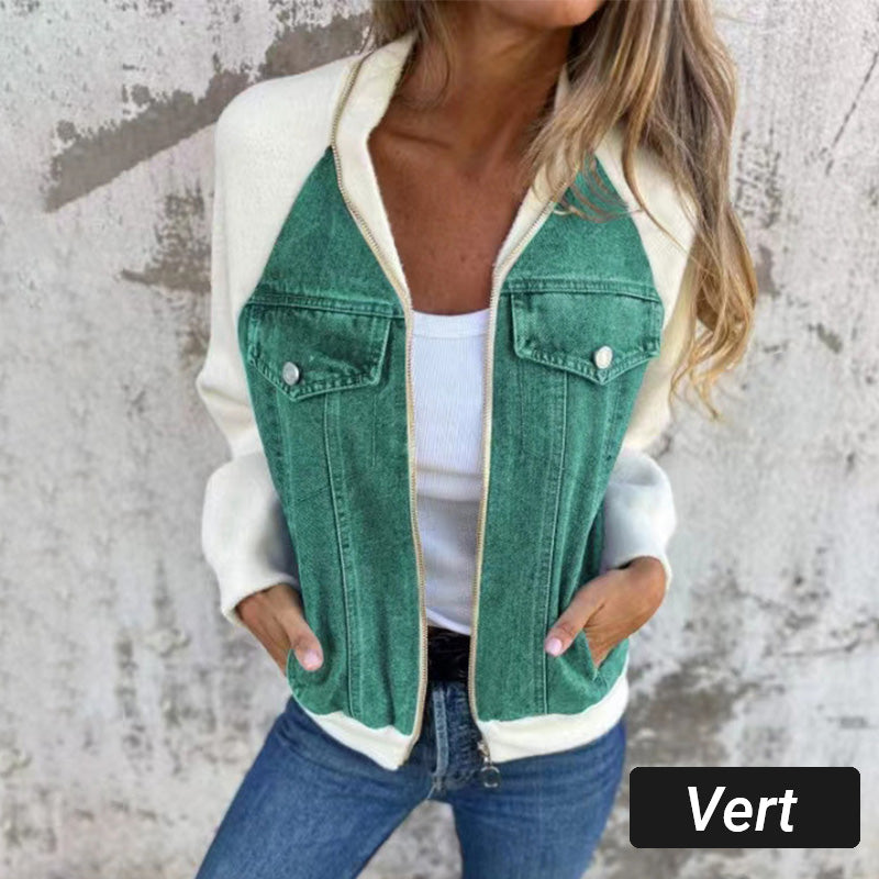Veste femme zippée en denim à manches raglan en maille – Inès - Vert