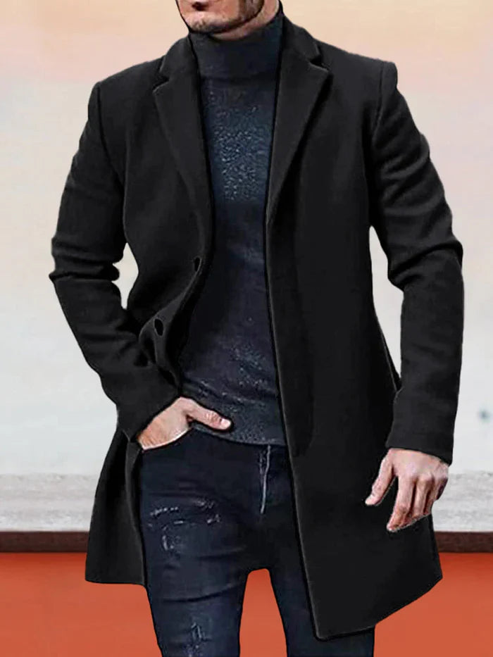 Manteau mi-long homme à boutonnage simple et col à revers – Antoine - Noir