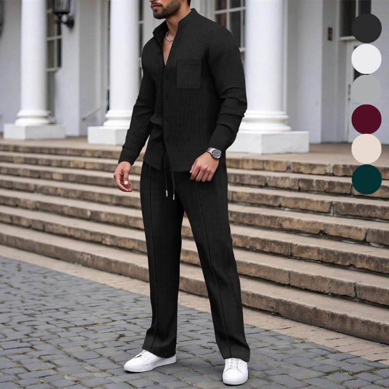 Ensemble homme chemise col mao et pantalon en tissu gaufré – Quentin - Noir