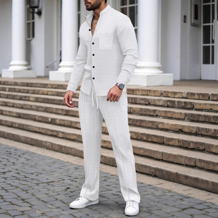 Ensemble homme chemise col mao et pantalon en tissu gaufré – Quentin - Blanc