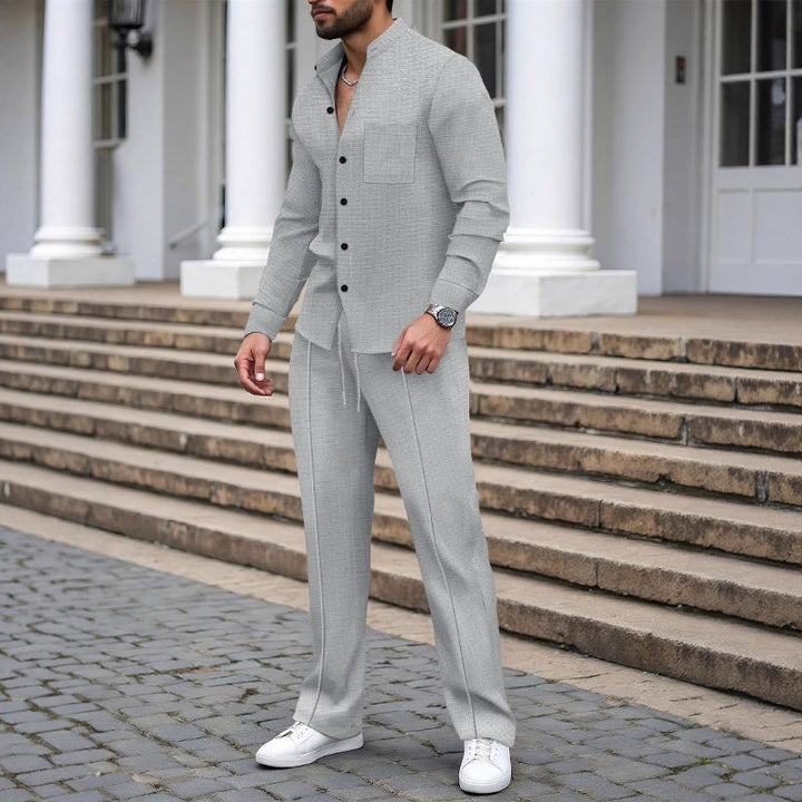 Ensemble homme chemise col mao et pantalon en tissu gaufré – Quentin - Gris